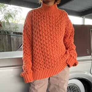 🔥Handmade Cable Knit Turtleneck Orange Pullover Cabin Cottage Retro Sweater